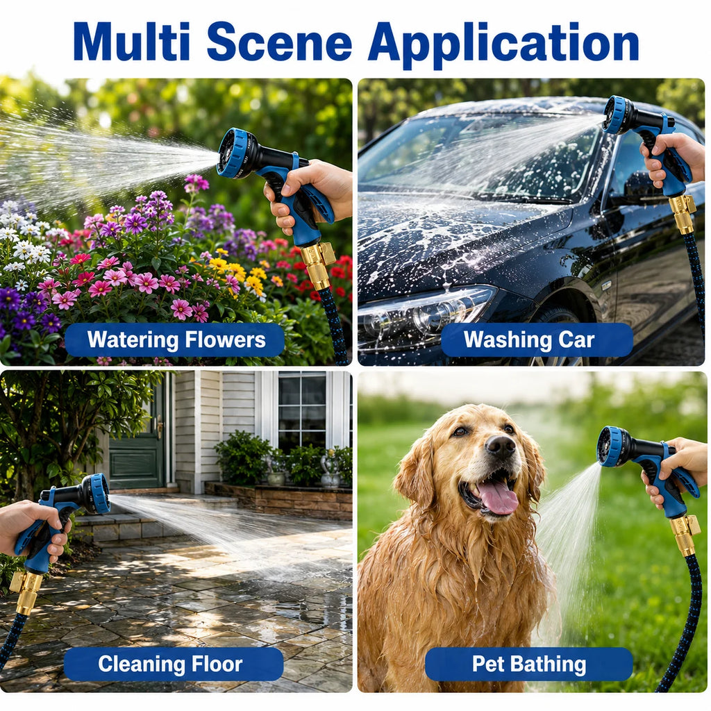 Expandable Retractable Flexible Garden Water Hose With 8 Spray Modes Nozzle Heavy Duty Leak Free Brass Fitting Collapsible Stretch Water Pipe For Yard Plant Irrigation Car Wash Pet Shower Balcony Patio Camping Outdoor Househo
