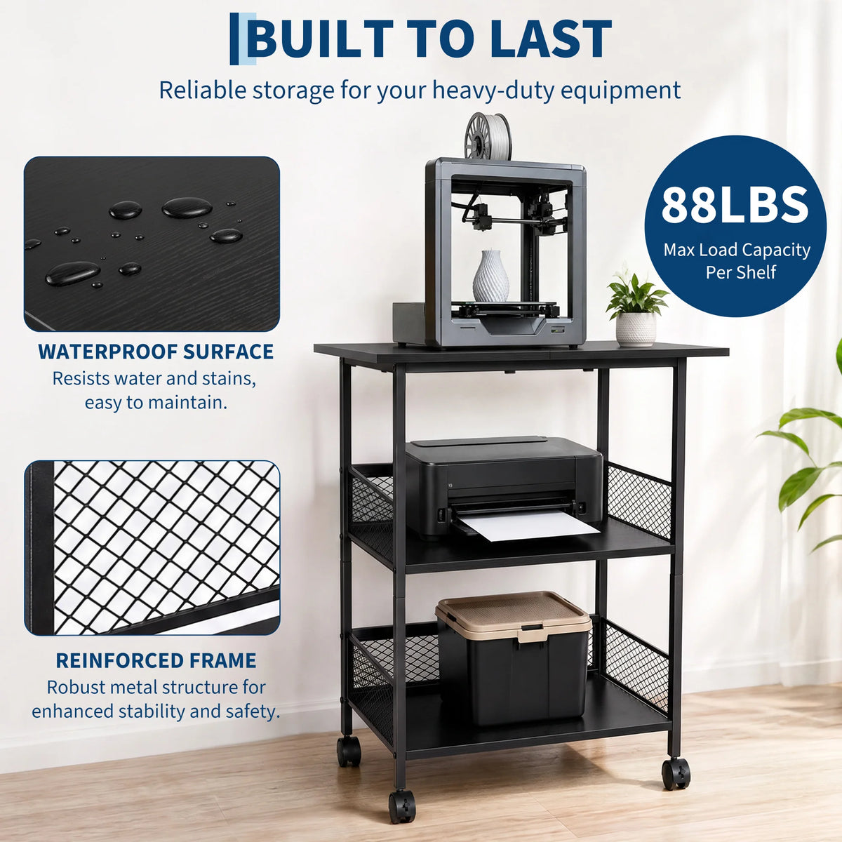 3-Tier Printer Stand with Storage Shelves, Mobile Heavy Duty Rolling Rack on Wheels for Large Printers, Black Industrial MDF and Iron, Home Office