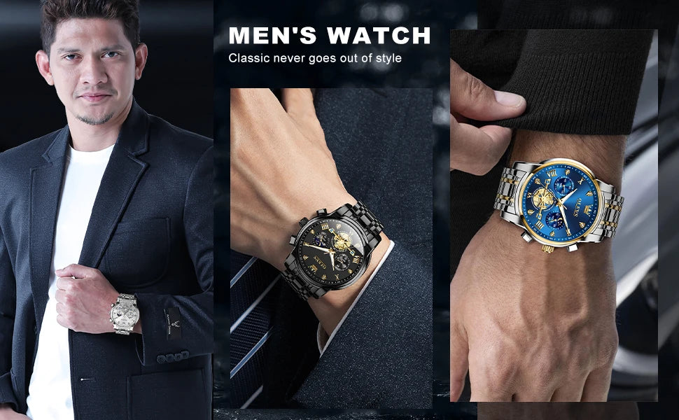 OLEVS Men's Skeleton Chronograph Watch with Moon Phase, Stainless Steel Quartz Wristwatch