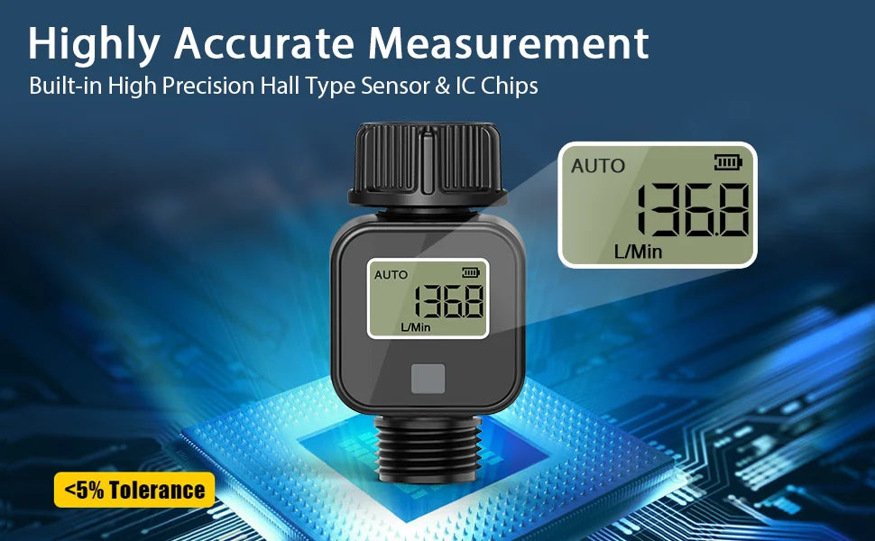 Digital Water Flow Meter High Accuracy IP6X Measure Water Consumption and Flow Rate for Outdoor Garden Watering Irrigation Hose