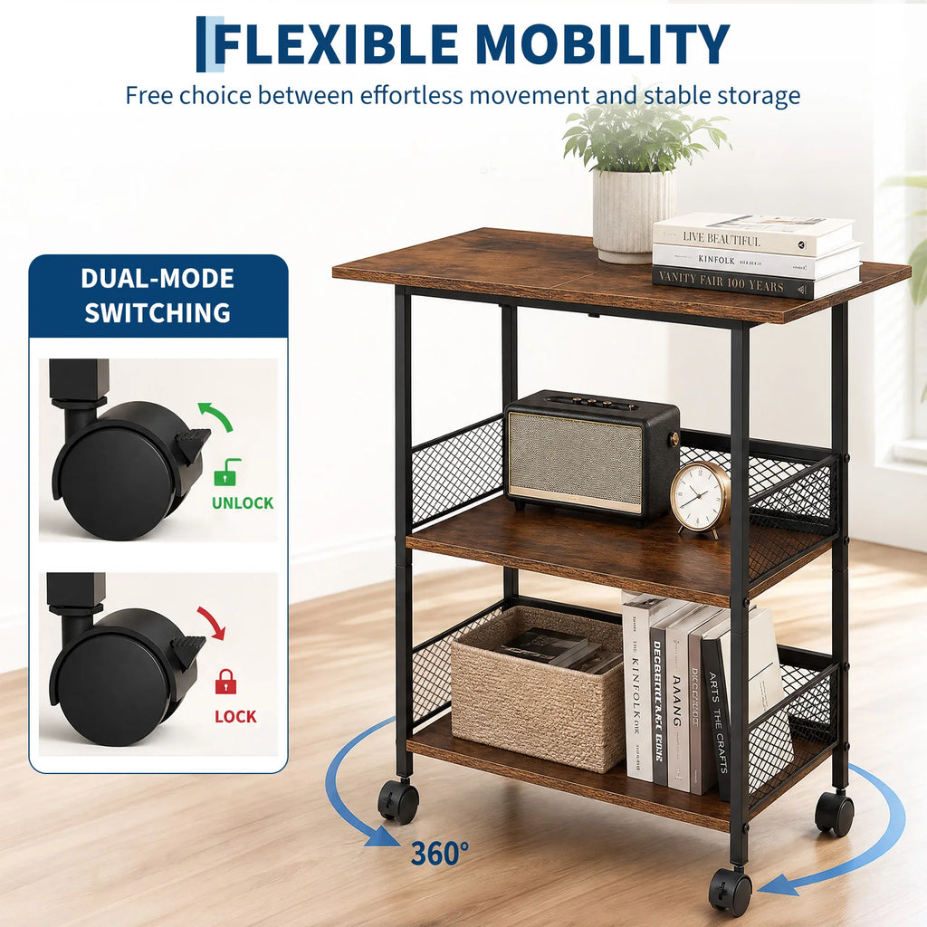 3-Tier Printer Stand with Storage Shelves, Mobile Heavy Duty Rolling Rack on Wheels for Large Printers, Black Industrial MDF and Iron, Home Office