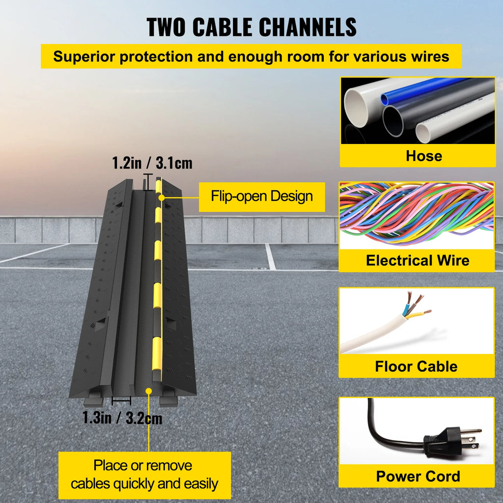 Heavy-Duty 2-Channel Cable Protector Ramp, 11000lb Rubber Cord Cover and Speed Bump