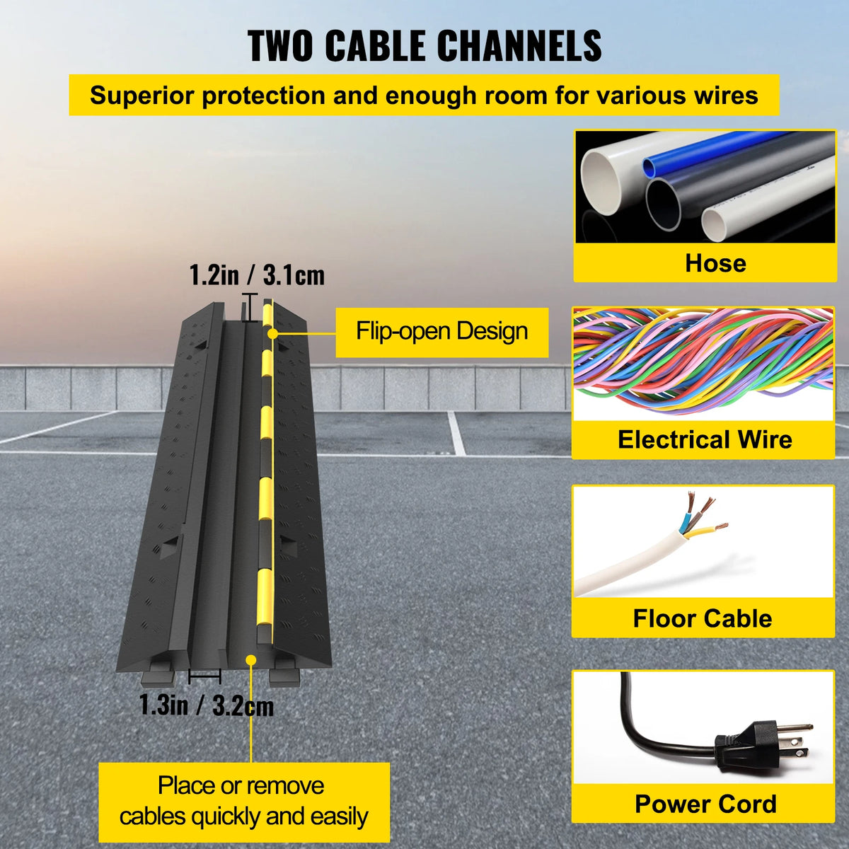 Heavy-Duty 2-Channel Cable Protector Ramp, 11000lb Rubber Cord Cover and Speed Bump