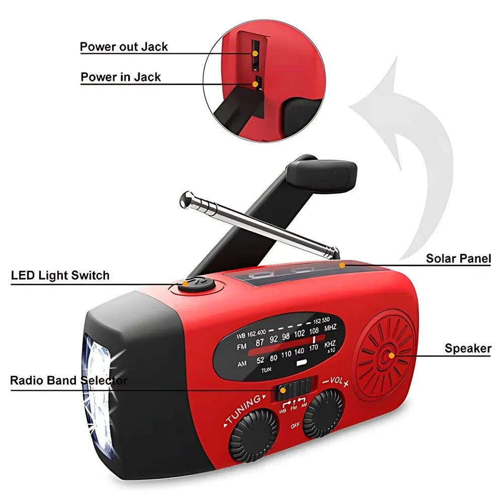 Solar Hand Crank Radio Portable Emergency Weather Alert Device with 2000mAh Power Bank and LED Flashlight Ideal for Home Blackout Severe Weather