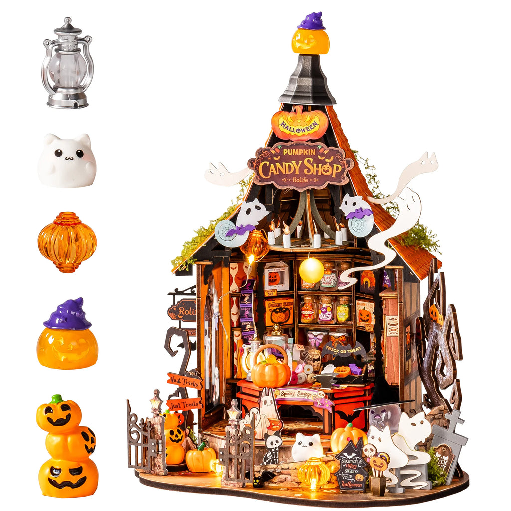 Rolife DIY Miniature House Kit Haunted Candy House Wooden Dollhouse Model Building Kit with LED Light for Home Decor Holiday Gift for Adults Friends