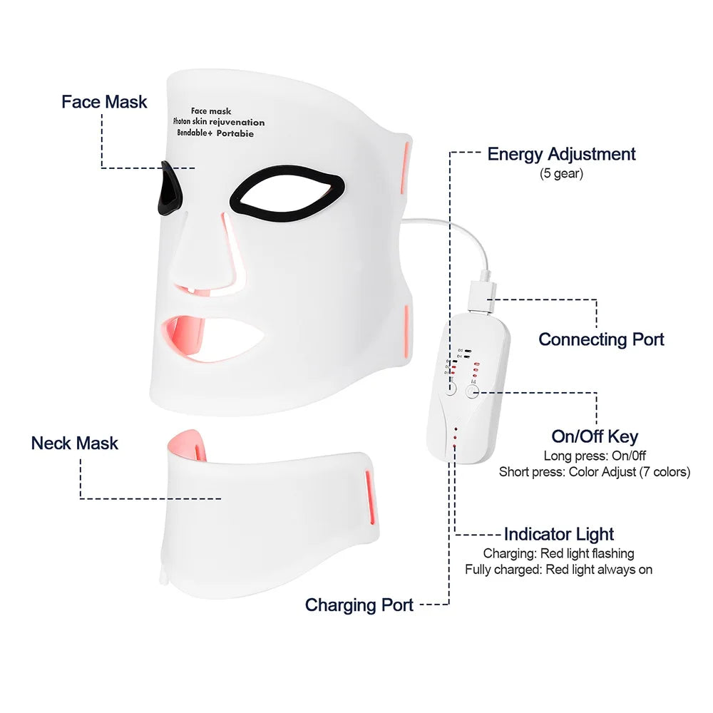 Silicone LED Face Neck Mask 7 Colors Red Light Infrared Photon Therapy Mask Flexible Wireless LED Beauty Mask for Skin Repair Rejuvenation Home Skin care
