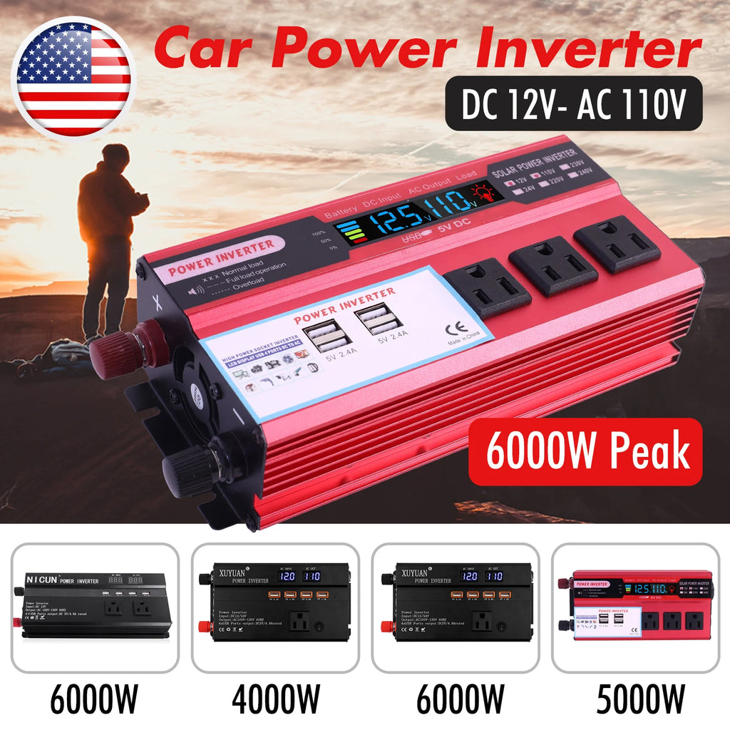 5000W Car Converter Power Inverter DC 12V To AC 110V Converter LCD 4 USB Ports and 110V AC Outlet Cigarette Lighter Battery