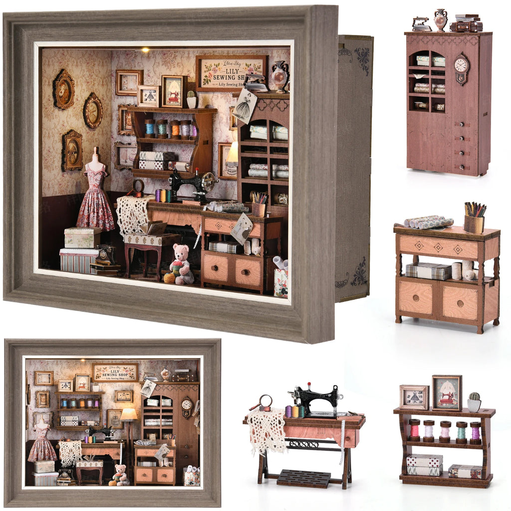 DIY Book Nook Kit, Tailor's Shop 3D Wooden Bookshelf Insert