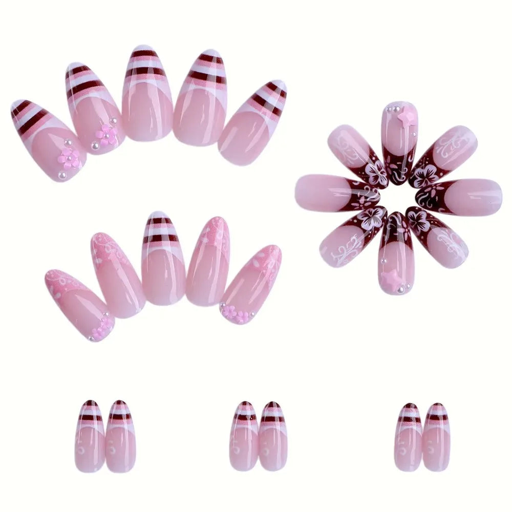 Medium Almond Press On Nails with Brown Stripes and Pink Flower Print