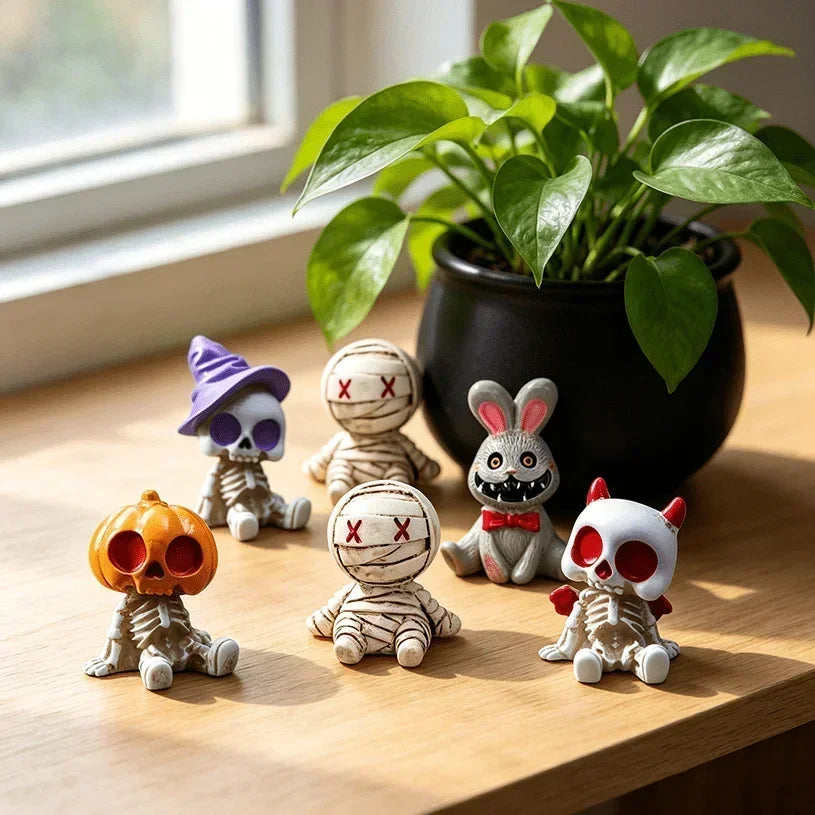 6-Piece Halloween Miniature Resin Figurines, Skeleton and Mummy Statues for Decor