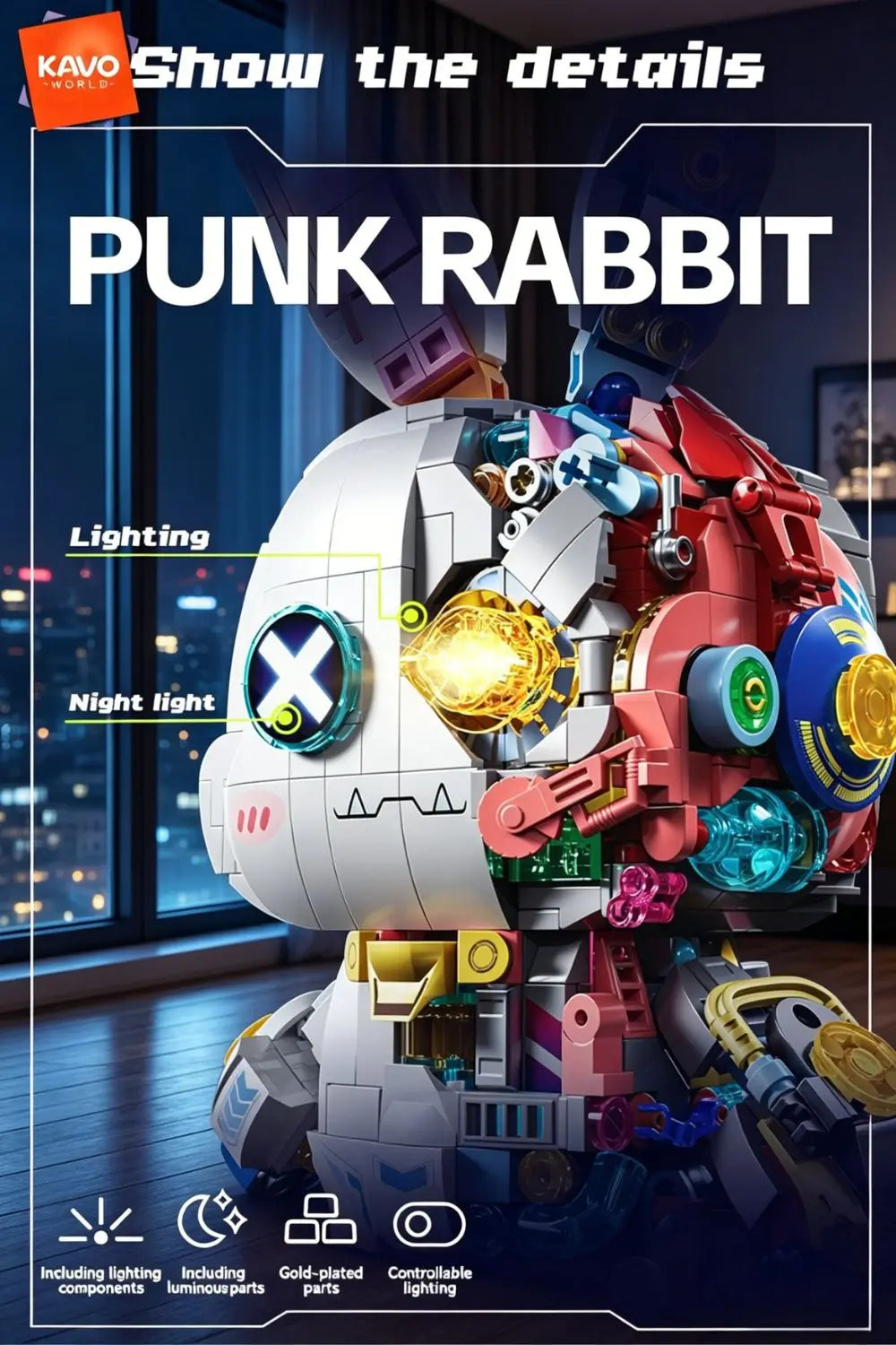 KAVOWORLD 1377PCS Robot Rabbit Building Blocks Set LED Light Up Multi-Point Rotatable Detachable Base DIY Cyberpunk Mecha Building Rabbit Bricks Kit Mechanical Bunny Construction Toy for Home Office Desk Decor Christmas Birth