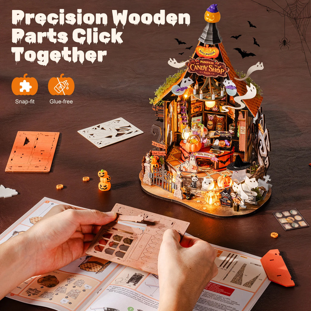 Rolife DIY Miniature House Kit Haunted Candy House Wooden Dollhouse Model Building Kit with LED Light for Home Decor Holiday Gift for Adults Friends