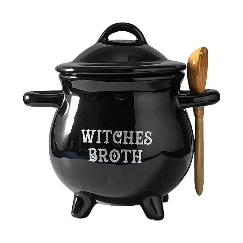 Halloween Witch Cauldron Ceramic Soup Bowl with Spoon, 650 ml