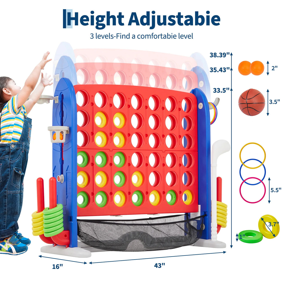 4-in-1 Giant Connect Game Set Adjustable Height, Basketball Hoop, Ring Toss and Net Jumbo Outdoor Yard Game for Families Events