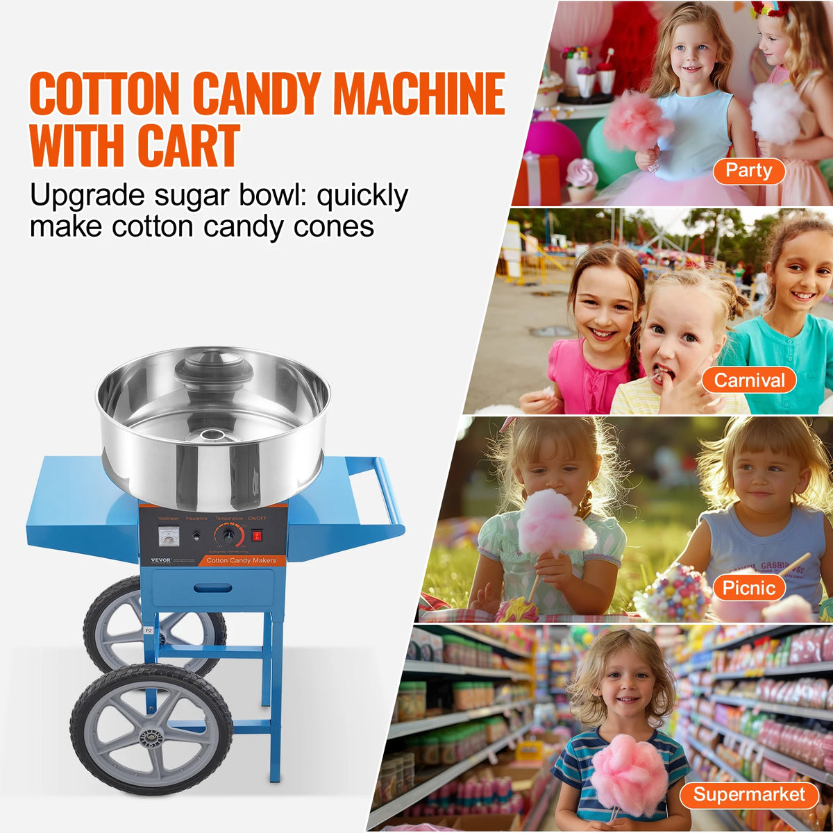 SucceBuy Electric Cotton Candy Machine with Cart Commercial Candy Floss Maker with Stainless Steel Bowl Sugar Scoop and Drawer
