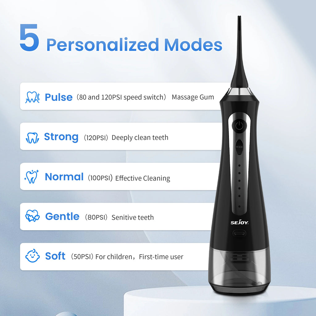 Portable Cordless Water Flosser, 5-Mode Oral Irrigator with 230ml Tank and 5 Jet Tips