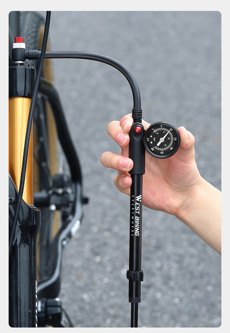 WEST BIKING 400PSI Bicycle Air Pump High Pressure MTB Bicycle Pump Front Fork Rear Suspension Pressure Gauge Schrader Valve