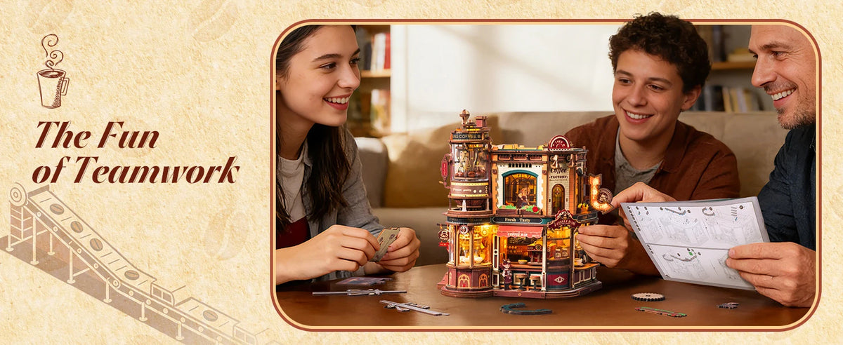 ROKR Wooden 3D Puzzle Dream Coffee Factory Music Box Model Building Kit 593-piece DIY Miniature House Kit with LED Light Unique Home Decor Gift for Adults Women