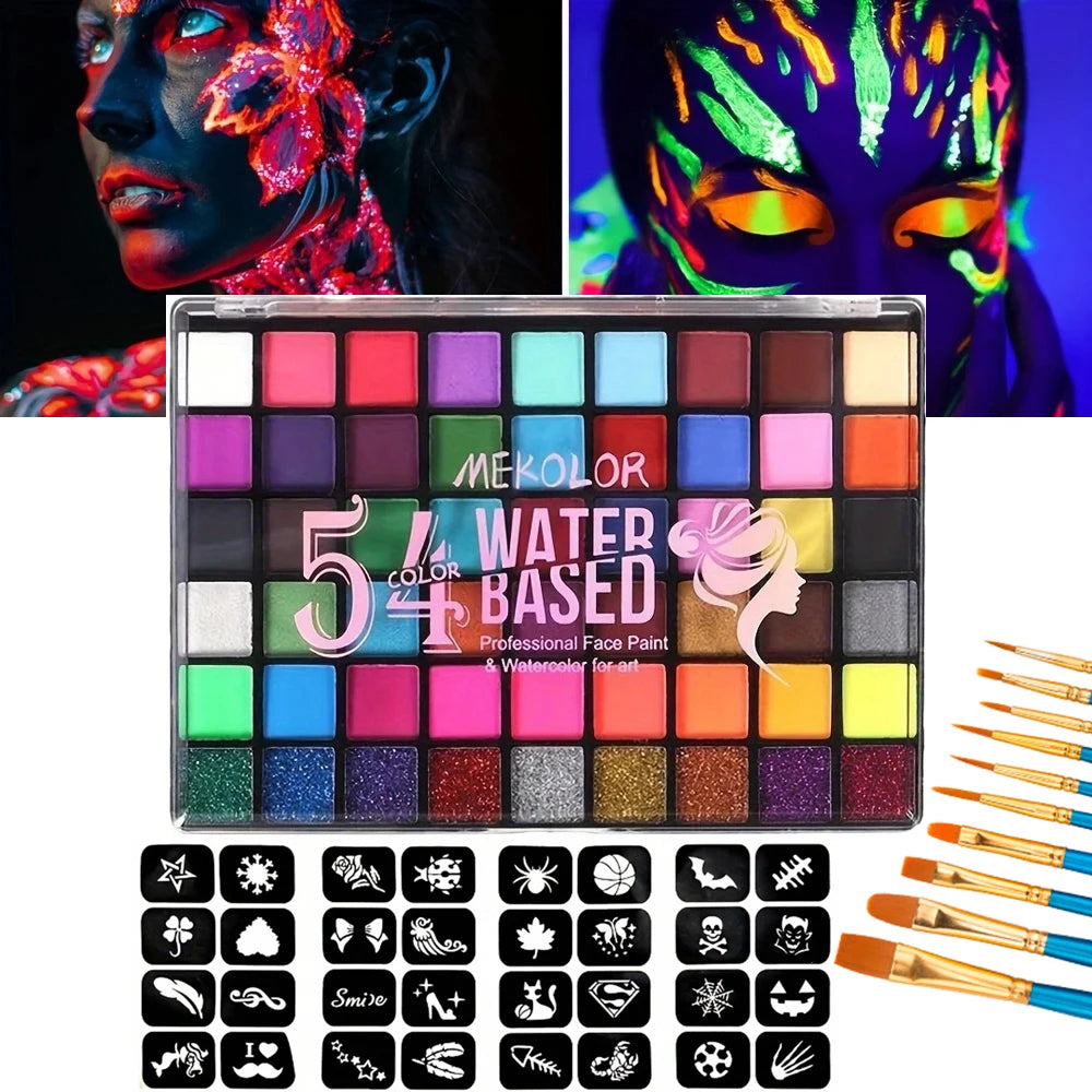 54-Color Glow Fluorescent Neon Water-Soluble Face Body Paint Set for Children and Adults,Perfect for Halloween and Christmas