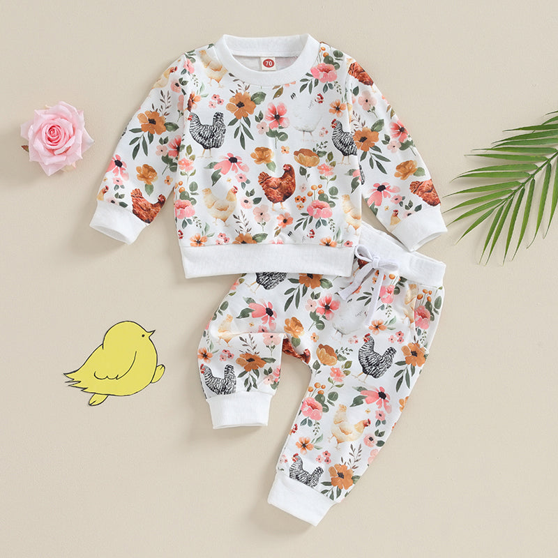 Autumn Toddler Baby Girl Fall Clothes Set Flower Print Long Sleeve Tops Elastic Waist Pants Outfit Clothes