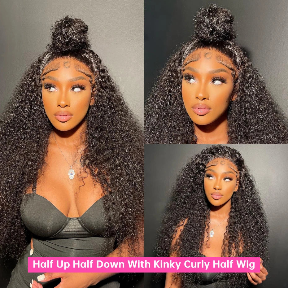 250 Density Kinky Curly Half Wig Double Drawn Invisible Drawstring Machine Made Wigs Human Hair Invisible Hairline Half Wig Natural Colored Ponytail