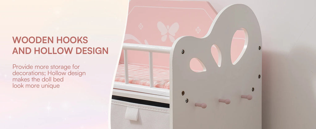 Baby Doll Crib Wooden Toy Baby Crib with Storage Bedding Wooden Hooks Doll Crib Fits Dolls up to 21" for Girls 3+ Pink