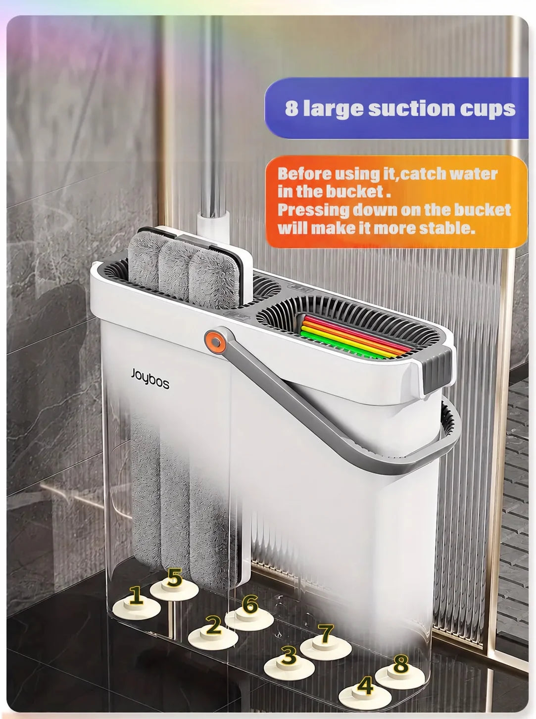 Joybos Ultra-Slim Flat Mop and Bucket System, Hands-Free Wash & Dry Floor Mop Set with 2 Microfiber Pads, 360° Swivel Mop with Squeegee Edge for Hardwood Tile Laminate
