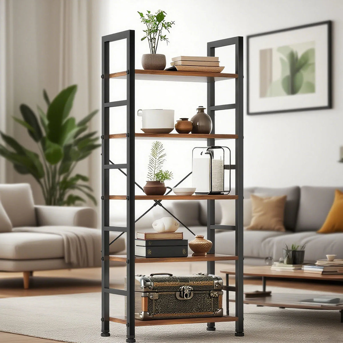 Bookshelf, 5 Tier Bookshelves, Home Office Bookcase Shelf Storage Organizer, Free Standing Storage Shelving Unit for Bedroom, Living Room and Home Office, Vintage