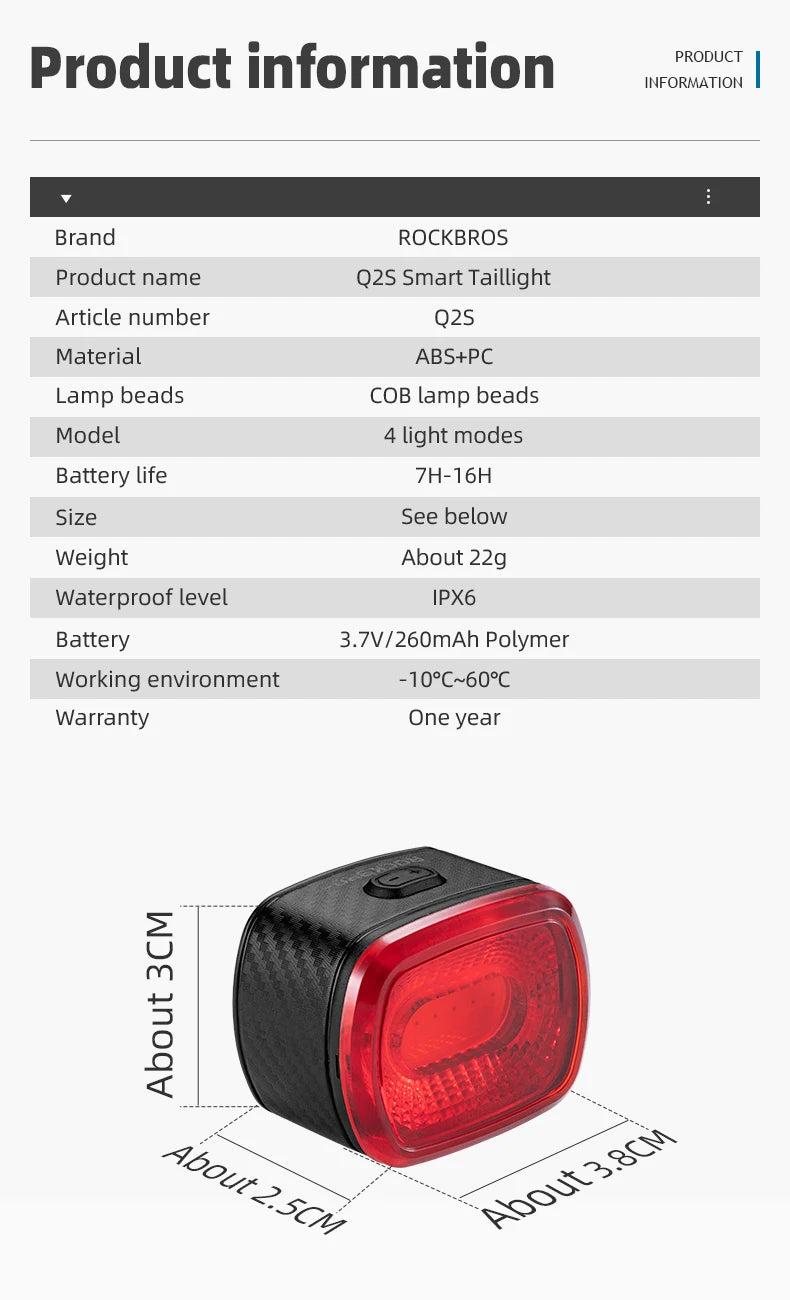 ROCKBROS Smart Brake-Sensing Bike Tail Light