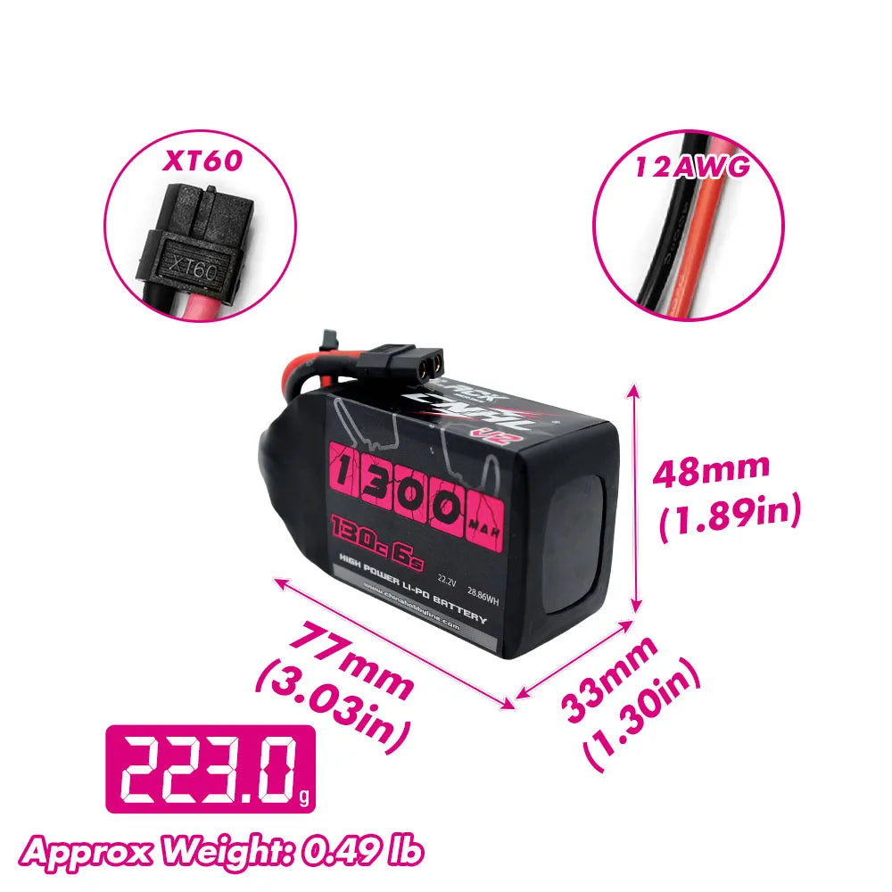 CNHL 6S 22.2V Lipo Battery 1300mah 130C with XT60 Plug For FPV Airplane Racing Models Lipo Parts 2PCS