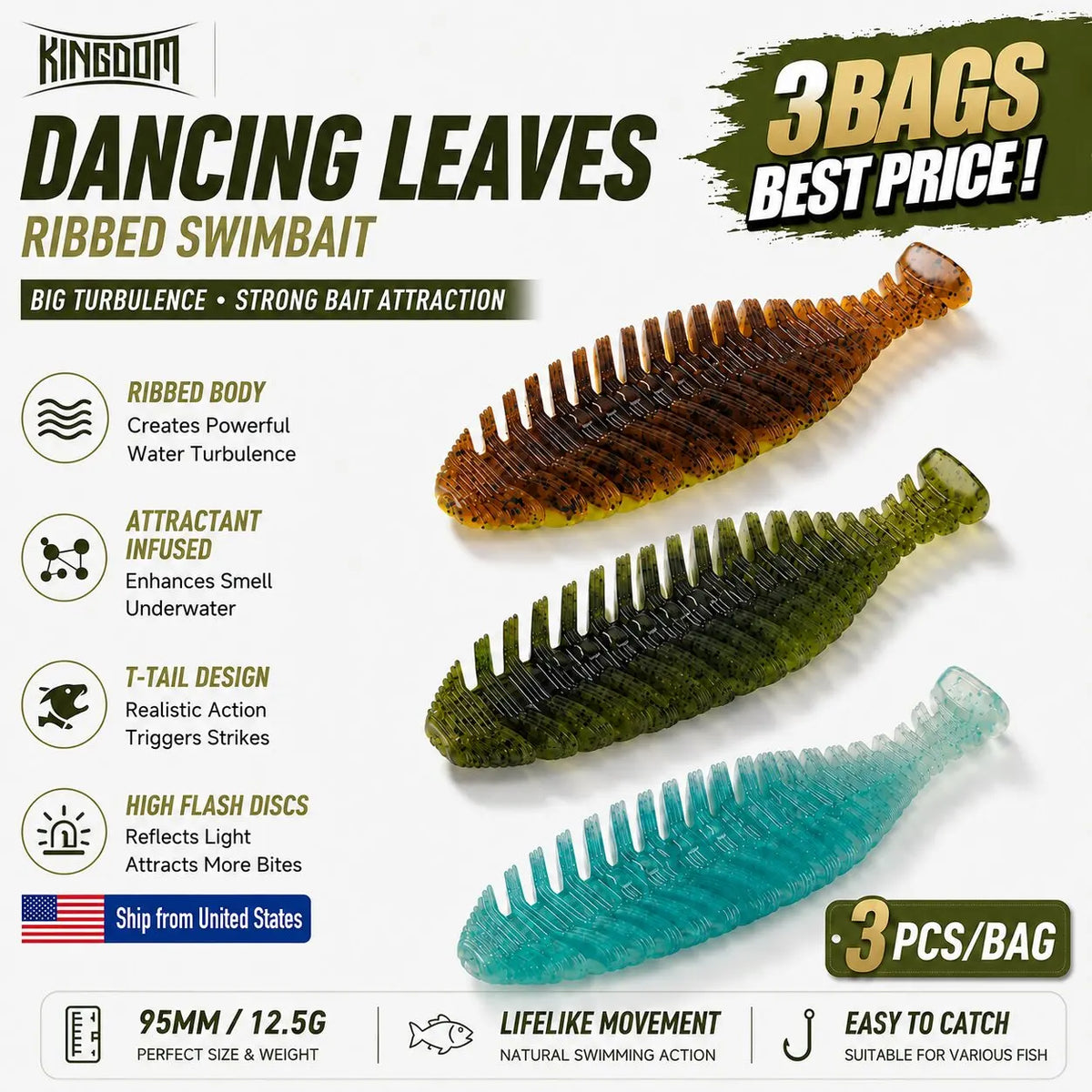 3-Pack Soft Paddle Tail Swimbaits 95mm 12.5g, Scented Shad Fishing Lures