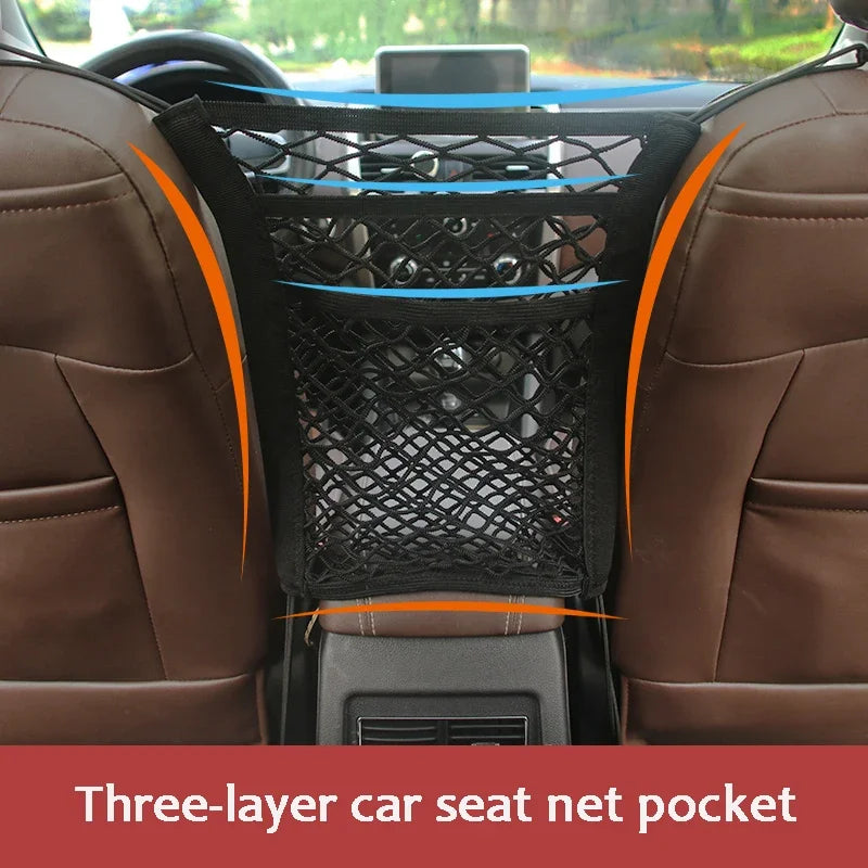 Car Seat Storage Net Bag and Pet Barrier, Stretchable Mesh Organizer Between Seats