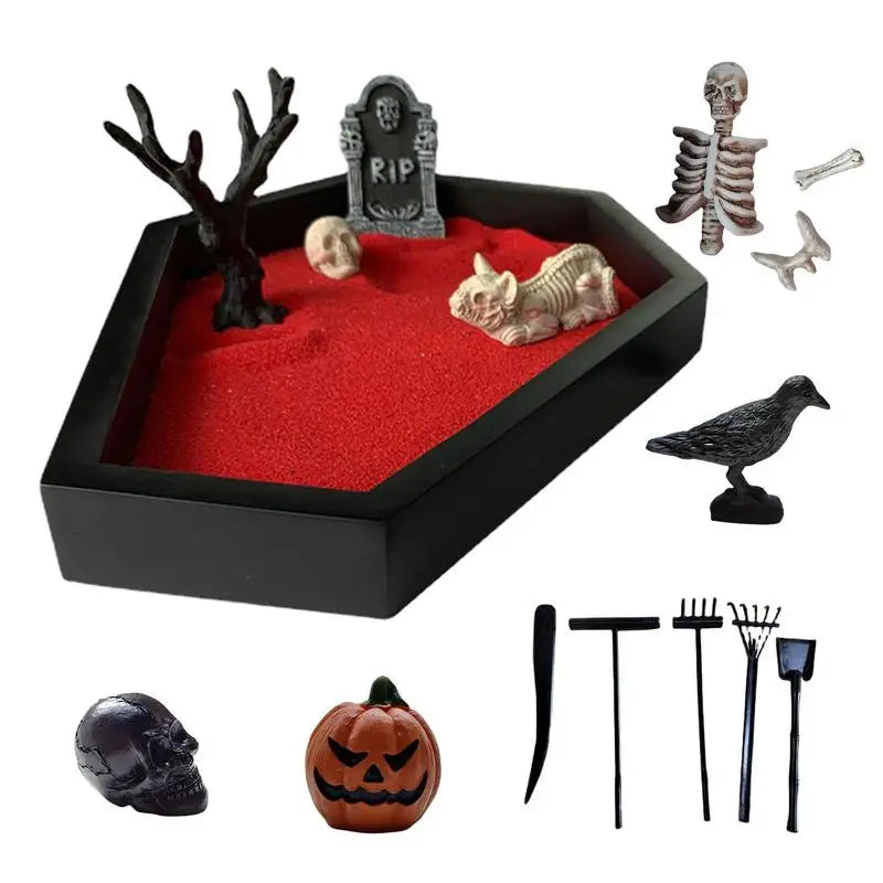 Halloween Coffin Sand Tabletop Decor, Gothic Mini Sand Tray Kit with Skull
