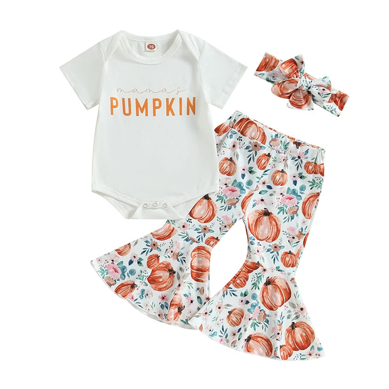 Citgeett Infant Baby Girls Halloween Outfit, Letter Print Short Sleeve Romper with Pumpkin Flare Trousers and Headband