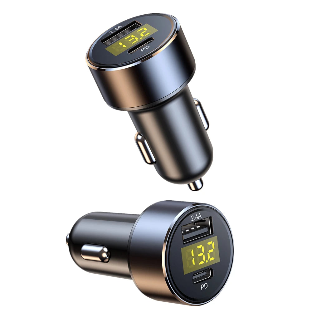 Car Charger Dual USB 18W PD Quick Charge LED Voltmeter Display Aluminum Alloy 12V-24V Fast Charging Adapter for Phone Tablet GPS