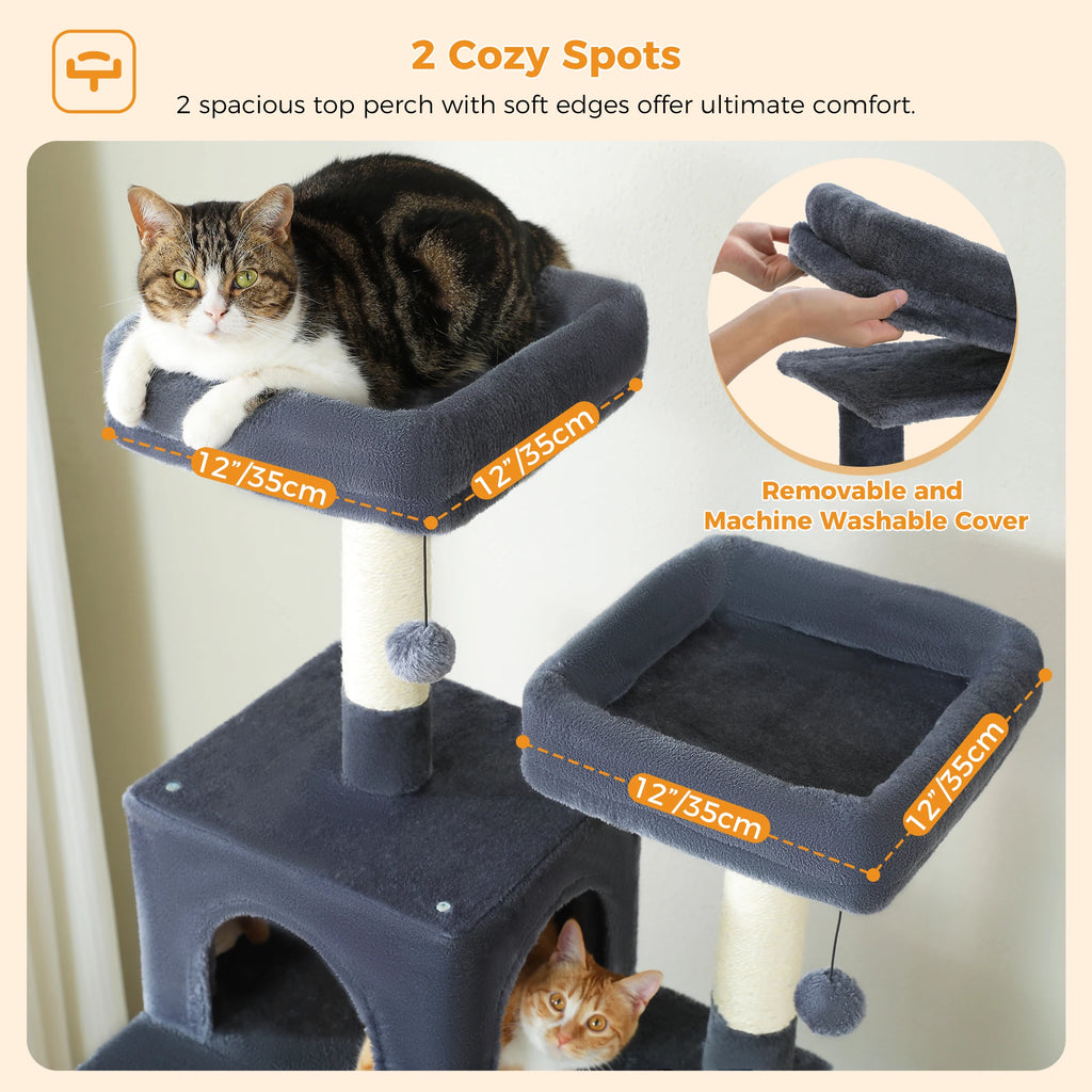 Multi-Level Cat Tree Tower with Scratching Posts&Board, Hammock, Cat Condo, Spacious Top Perch,Dangling Balls for Indoor Cats