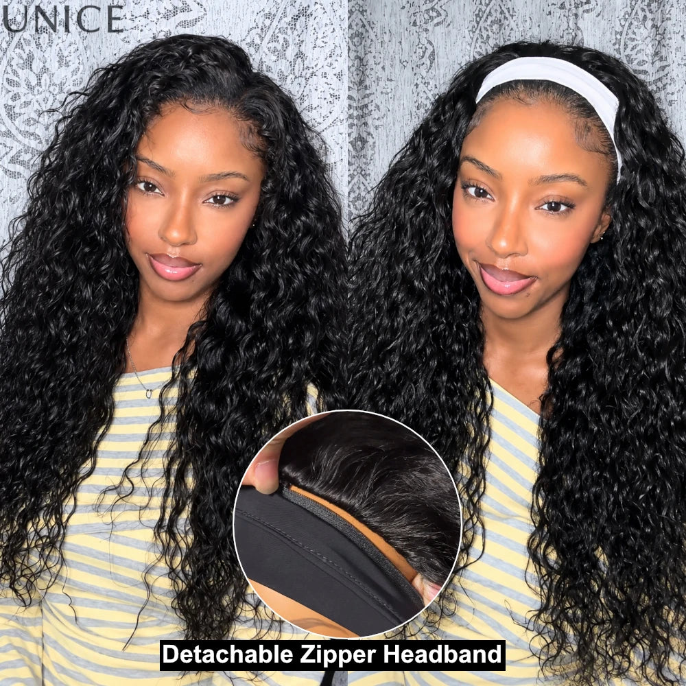 UNice Hair Water Wave Human Hair Headband Wig & Half Wig 2-In-1 Beginner Friendly Ready To Go Glueless Wig With Drawstring