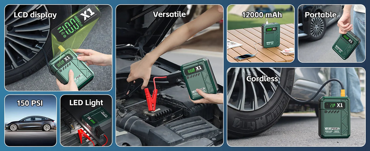 YESPER 2000A Jump Starter & 150PSI Air Compressor 2-in-1, 12V Portable Emergency Booster for 8L Gas 6L Diesel Car SUV Truck