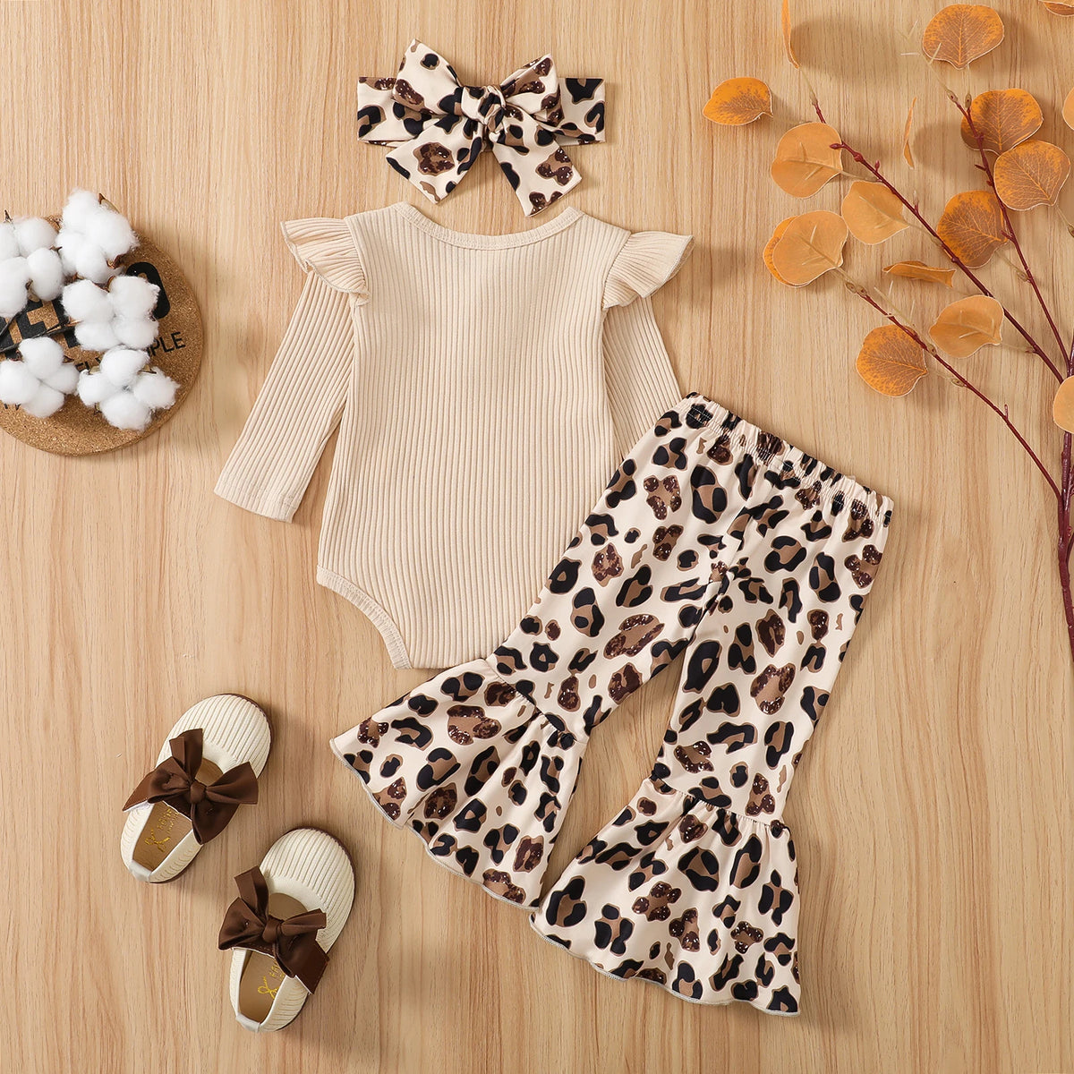 Infant Baby Girl Ribbed Fly Sleeve Romper with Leopard Flare Pants Outfit