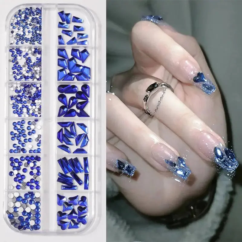 12Gird 3D Glass AB Crystal Nail Art Rhinestones Kit Flatback Round Bead Charm Gem Stones Jewelry Diamond with Tools for Nail Art
