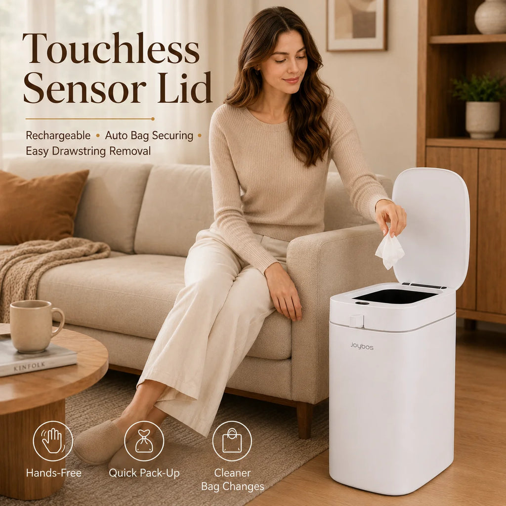 Smart Trash Can with Auto-Lining, Touchless Sensor Garbage Bin + Free Drawstring Bags, No-Mess Pull & Lift Wastebasket