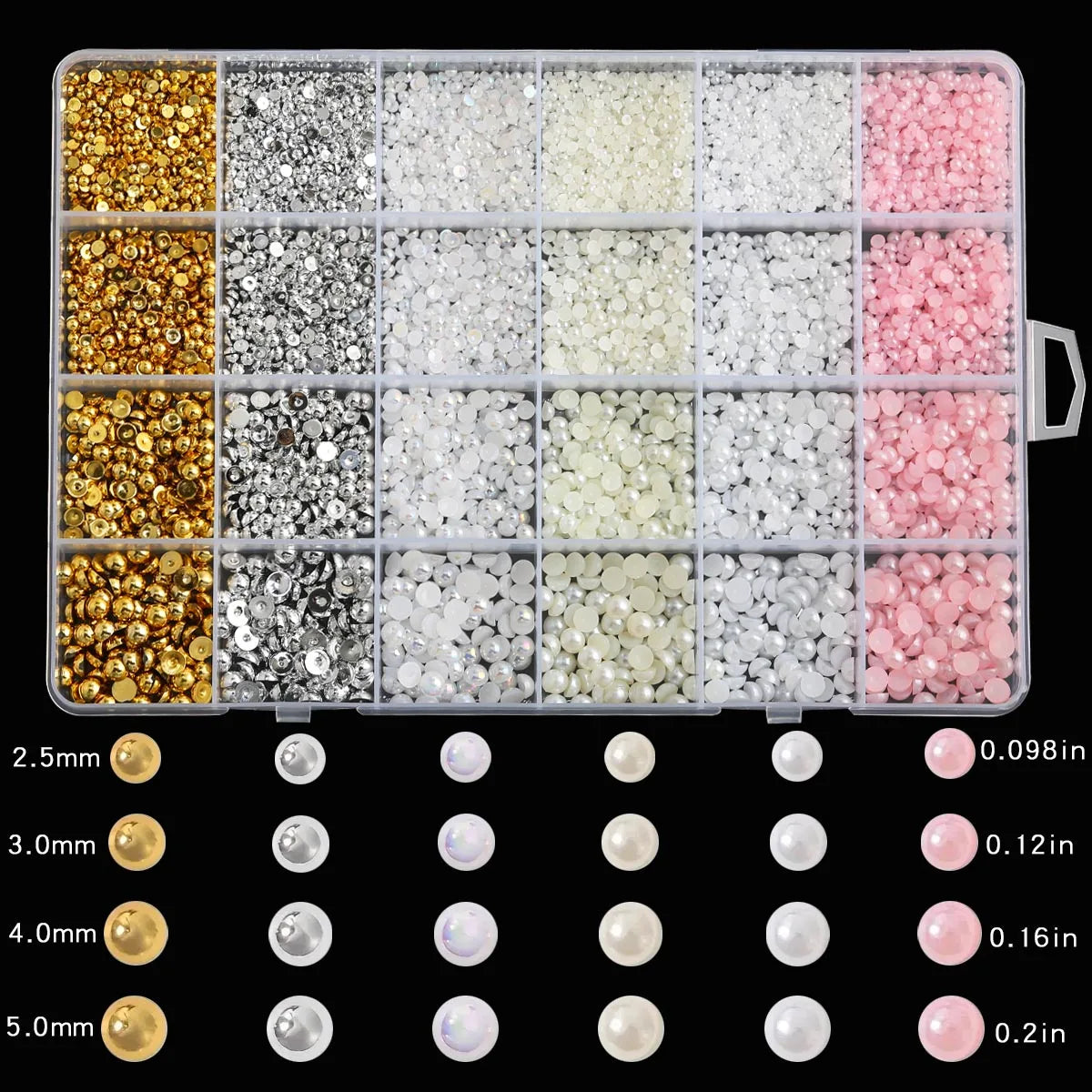 24 Grid Semi-circle Flat Bottom Imitation Pearl Nail Decoration Size White Gold Silver Beige Pink Multiple Color Mix DIY Nail