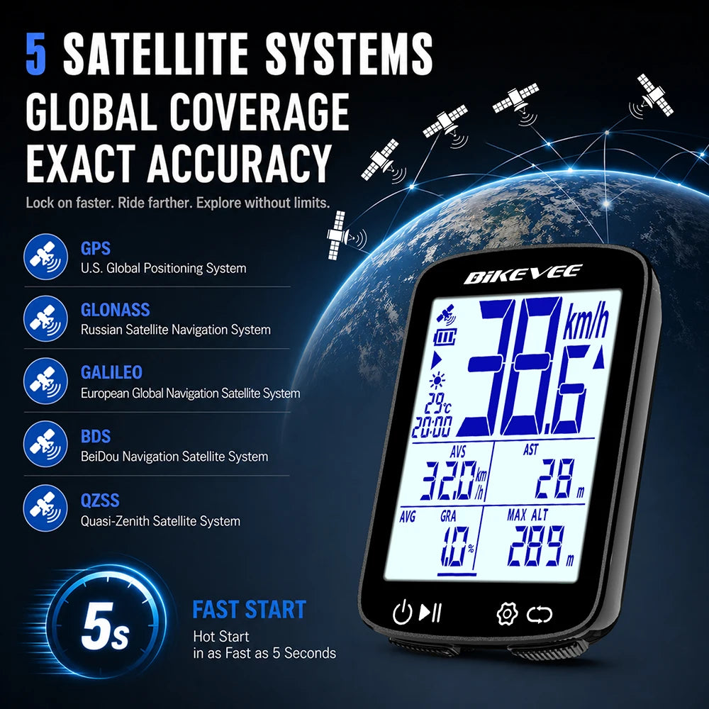 Bikevee 2.4-inch Professional Wireless Bluetooth Bicycle Computer MPH KM/H USB Rechargeable Multifunctional GPS Bike Speedometer Odometer with Auto Start/Stop Backlight Outdoor Riding Accessories Connect BIKEVEE APP