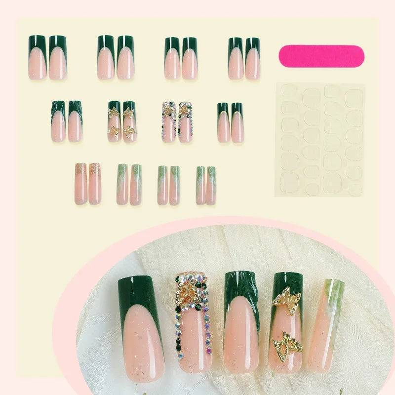 24Pcs Green French Golden Butterfly Square Press On Nails,Reusable Removable,For Daily Wear,High Quality Nail Art