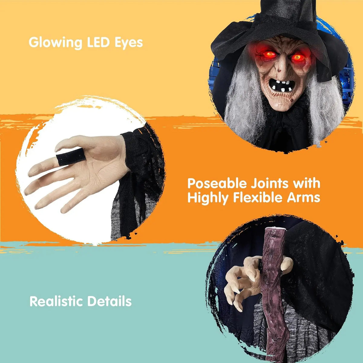 Halloween 72 in Animated Witch with Cane, Sound Activated with Creepy Lights