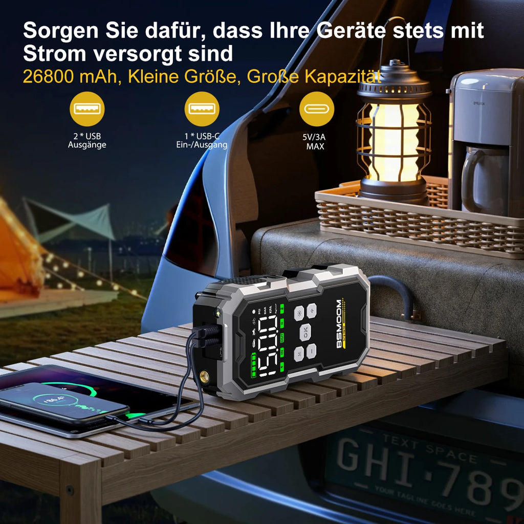 Portable Car Jump Starter with 150PSI Air Compressor, Power Bank and Emergency Battery Booster