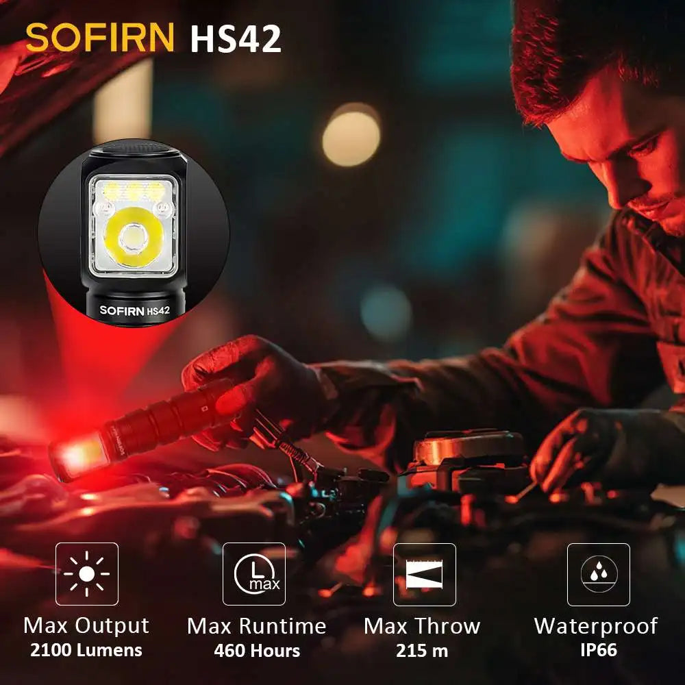 SOFIRN HS42 2100lm 6000K Multi Light Sources 3000mah Headlamp SST40 LED Red Light Torch USB C Rechargeable