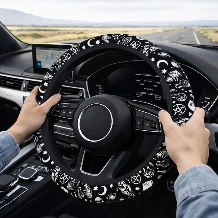 Halloween Skull and Moon Car Steering Wheel Cover, 15"
