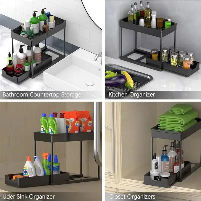 2 Tier Sliding Under Sink Organizer with 5 Side Hooks and 3 Detachable Hanging Baskets,Pull Out Rustproof Metal Storage Rack,Tool Free Assembly