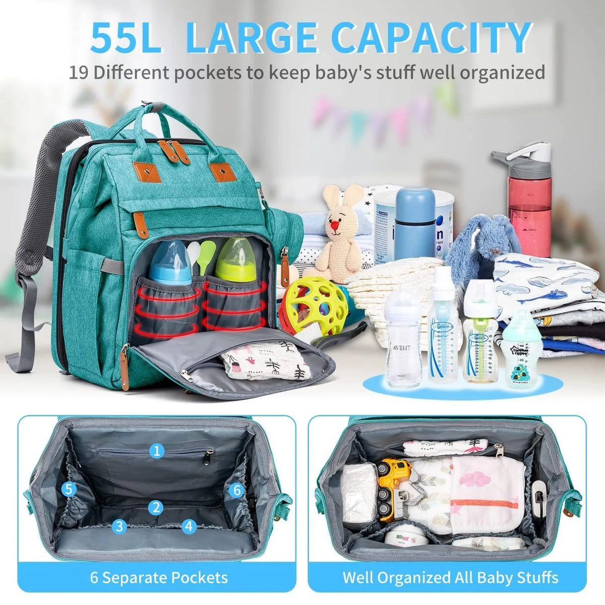 Baby Diaper Bags with Changing Station, Waterproof Large Capacity Diaper Bag Backpack for Moms Dads with USB Charging Port and Stroller Straps